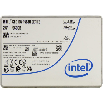Накопитель SSD Intel D5-P5530 SSDPF2KX960HZN1 960GB, 2.5" U.2, 5500/1600 MB/s, 300k/75k IOPS, PCIe 4.0 x4, NVMe, 1DWPD